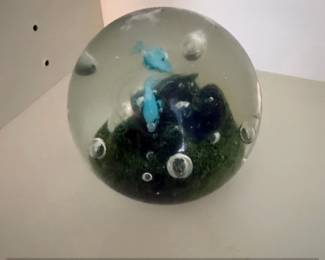 Glass Paperweight with Two Blue Fish and Green Underwater Scene