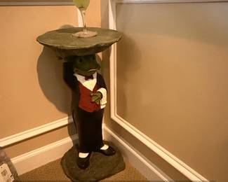 Green Toad Frog Silver Service Butler With Wine Glass And Tray Statue