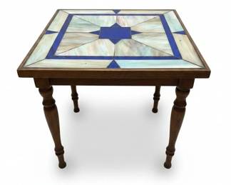Square Stained Glass Top Side Table with Geometric Starburst Design