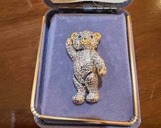 Crystal Teddy Bear Brooch with Green Eyes and GoldTone Accents