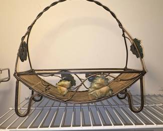 Vintage Wrought Iron and Wicker Fruit Basket with Grapevine Embellishments