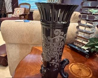 Black Amethyst Glass Vase with Silver Floral Design