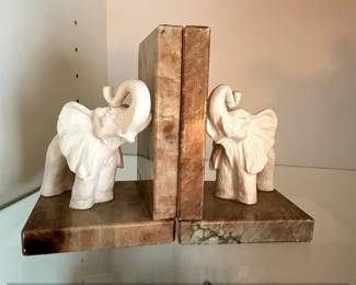 Hand Carved Alabaster Elephant Bookends, Made in Italy