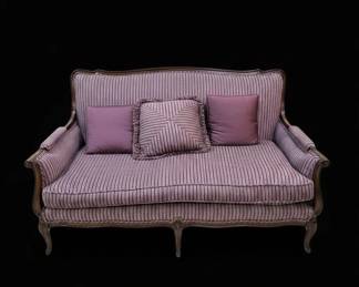 Vintage Upholstered Loveseat with Carved Wood Frame