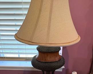 Hammered Metal and Wood Accent Table Lamp with Bell Shade