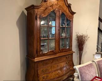 Antique Dutch Burl Walnut Bombe Display Cabinet