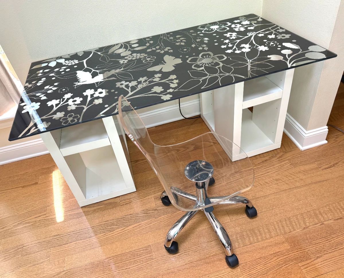 IKEA Glass Top Desk with Clear Acrylic Rolling Chair