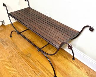 Slatted Coffee Table Bench with Iron Rails