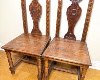Set of 2 Intricately Carved Tall Back Solid Oak Chairs