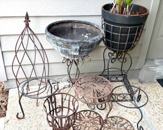 Lot of Wrought Iron Plant Stands and Ornaments