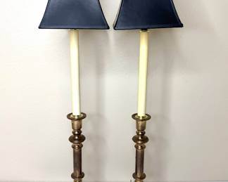 Set of 2 Vintage Candlestick Style Brass Table Lamps