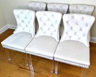 Set of 6 Off White Studded Suede Chairs with Acrylic Legs and Metal Pull Ring