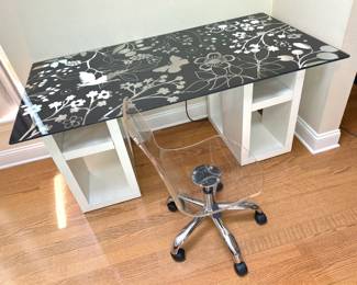 IKEA Glass Top Desk with Clear Acrylic Rolling Chair