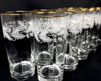 Vintage Set of 10 Etched Holy Berry Glasses with Gold Rims