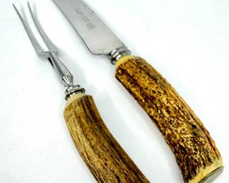 Set of 2 Stainless Steel Antler Handle Kitchen Utensils - 2-Prong Fork and Knife