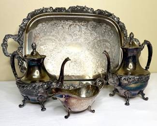 Silver Plate Tea Set with Tray Plus Gravy Boat