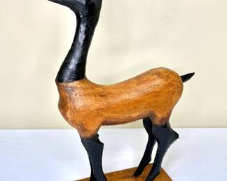 21” Tall Deer Statue - Carved Wood with Metal Accents