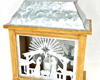 Galvanized Metal and Wood Nativity Scene Christmas Lantern