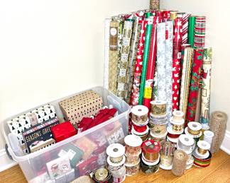 Lot of Various Christmas Wrapping Paper, Ribbons, and Gift Boxes