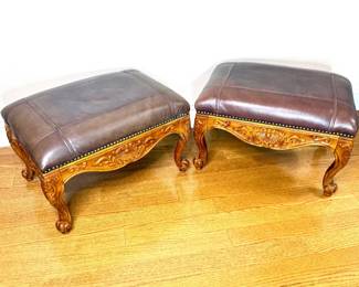 Set of 2 Solid Carved Wood Ottomans