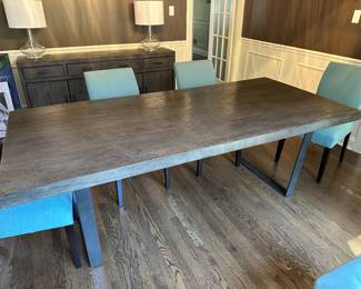 Walter E. Smithe wood dining table with iron legs 87" x 39" - $500