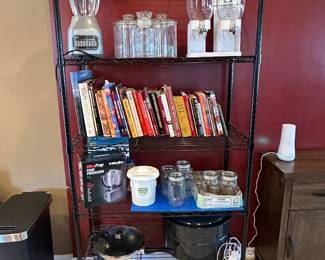 Metal shelving unit, cookbooks and kitchen miscellaneous