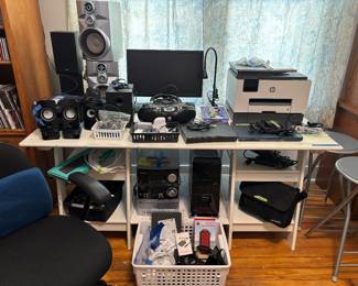 Speakers, HP Printer, Sound system, Computer tower