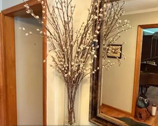 Faux Pussy Willow Branches in Tall Glass Cylinder Vase with Silver Beads