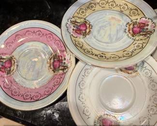 Vintage Porcelain Demitasse Cups and Saucers with Romantic Scene Transferware and Gold Trim second image