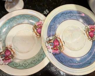 Vintage Porcelain Demitasse Cups and Saucers with Romantic Scene Transferware and Gold Trim third image