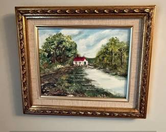Framed Landscape Painting of a House by a River