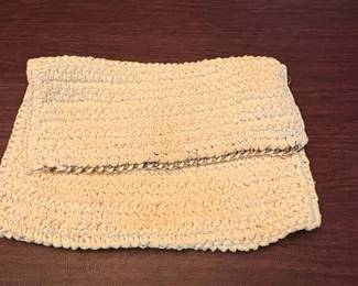 Cream Woven Clutch Purse with SilverTone Chain Detail