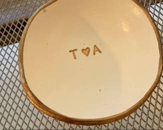 Handmade Ceramic Ring Dish with Initials T  A and Gold Rim