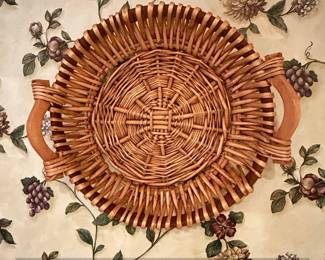 HandPainted Floral and Grape Motif Wicker Serving Tray with Handles