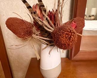 Dried Banksia and Feather Arrangement in Ceramic Vase