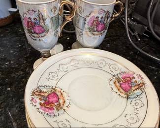 Vintage Porcelain Demitasse Cups and Saucers with Romantic Scene Transferware and Gold Trim
