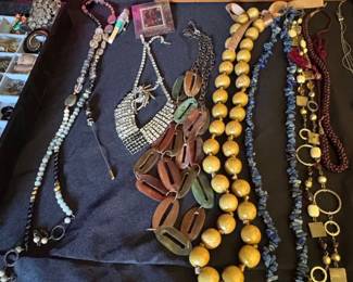 Assorted Costume Jewelry Collection with Wooden Beads, Lapislike Stones, and Rhinestones