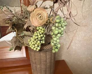 Faux Floral Arrangement with Roses and Grapes in Woven Vase