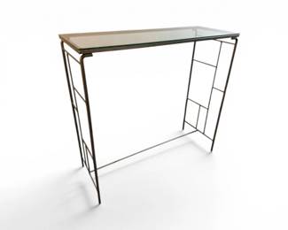 74 SlimBronzeToneIronConsoleTablewGlassTopGeometricBase