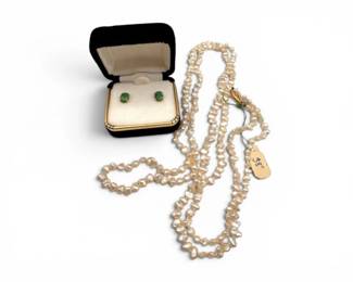 133 14KJadeStudEarringsFreshwaterPearlNecklaceBothNew