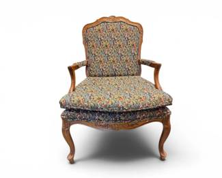 73 VintageCarvedWoodAccentChairwFloralTapestryUpholstery