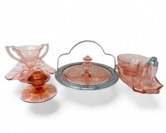 40 VintagePinkDepressionGlassServingPieceswShakerHandledDish