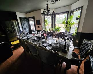 Victorian Gothic Style Dishware, Skull Platters, Goth Kitchenware, Gothic Victorian Candelabras, Gothic Glassware, Skull and Roses Kitchenware, Gothic Place Settings, Skeleton Art, Skeleton Dishware