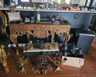 Gothic - Gilded - Baroque - Rococo - Victorian Brass Candelabras/Sconces/Lanterns, Gothic Chandelier, Small Gothic Marble-Top Table, Crystals, Seashells