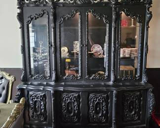 Gothic Curio Cabinet, Gothic Hutch, Matte Black Hutch, Skull Decor, Magick Supplies, Ouija Teacups, Crystal Spoons, Gilded Kitchenware
