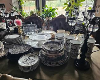 Victorian Gothic Style Dishware, Skull Platters, Goth Kitchenware, Gothic Victorian Candelabras, Gothic Glassware, Skull and Roses Kitchenware, Gothic Place Settings, Skeleton Art, Skeleton Dishware