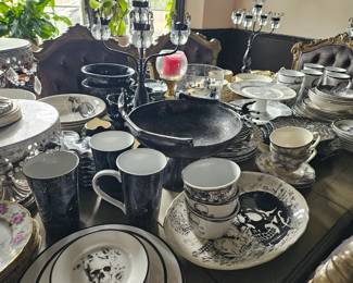 Victorian Gothic Style Dishware, Skull Platters, Goth Kitchenware, Gothic Victorian Candelabras, Gothic Glassware, Skull and Roses Kitchenware, Gothic Place Settings, Skeleton Art, Skeleton Dishware