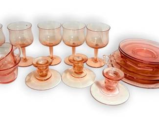 Pink Depression Glass Plates, Tea Cups, Candlestick Holders