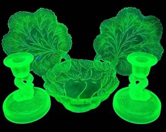 TiffinFranciscan Uranium Glass Dolphin Candleholders Indiana Pebble Leaf Dishes