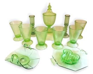 Vintage Green Glass Candy Dishes, Drinking Glasses, More